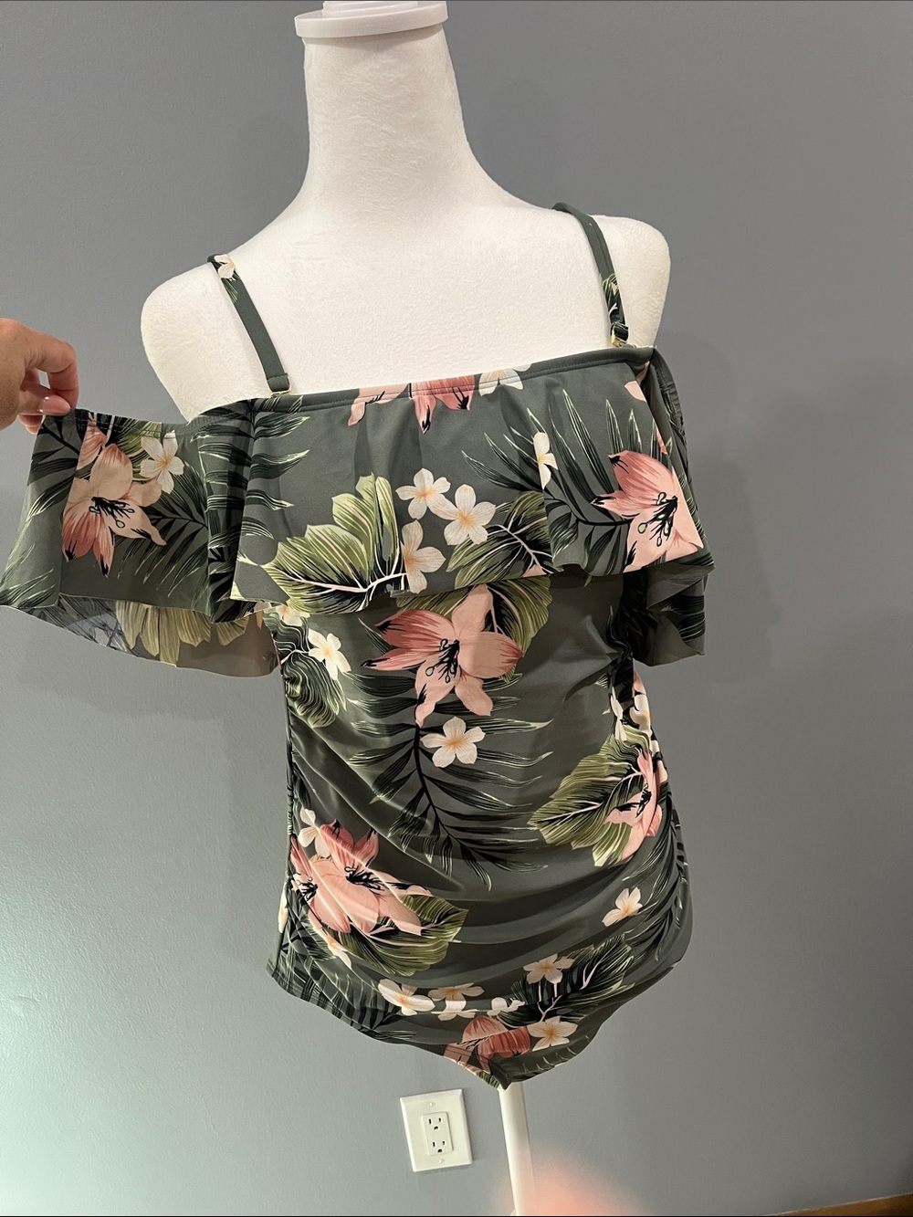 Kona Sol Dark Green Floral Ruffle off the shoulder swimsuit one piece